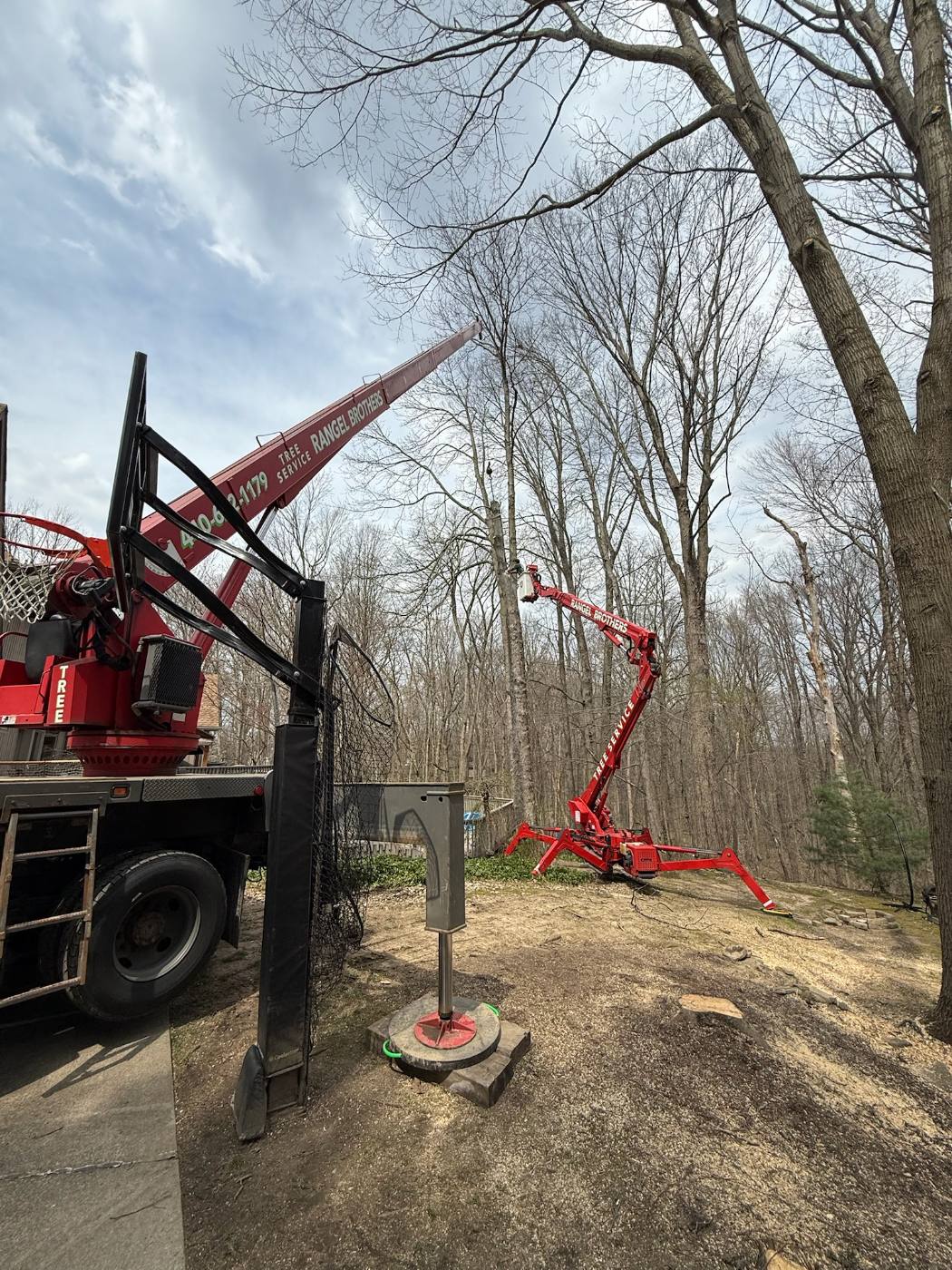 Spider lift and crane working together on a wooded property
