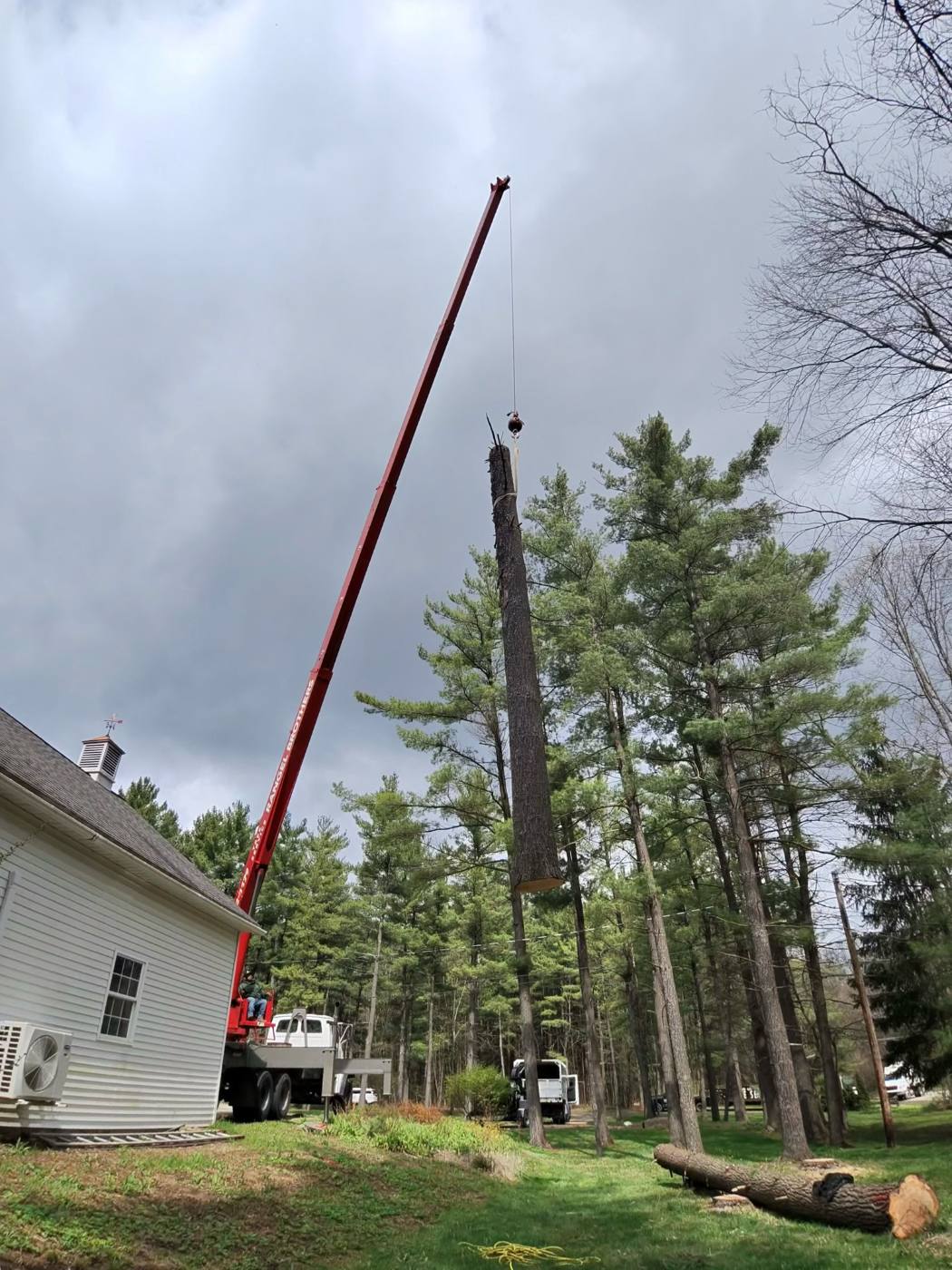 Crane lifting a full trunk section clear of a house