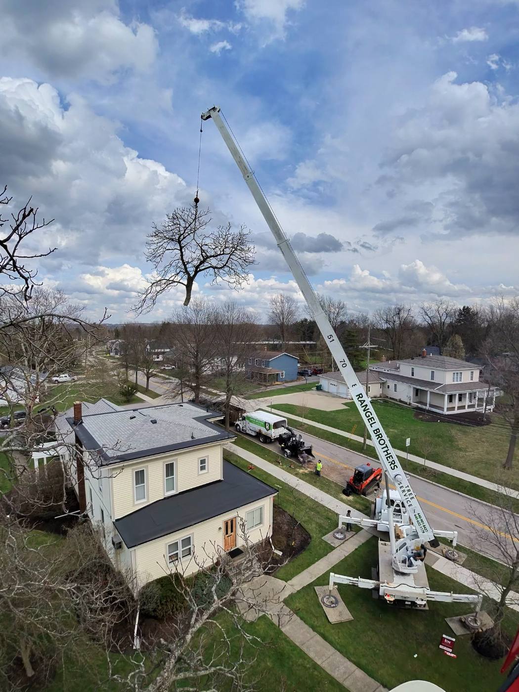 Rangel Brothers crane lifting an entire tree over a house in Painesville, Ohio