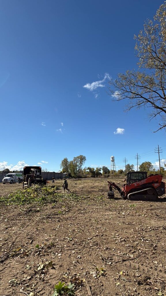 Rangel Brothers skid steer and chipper clearing debris from a work site